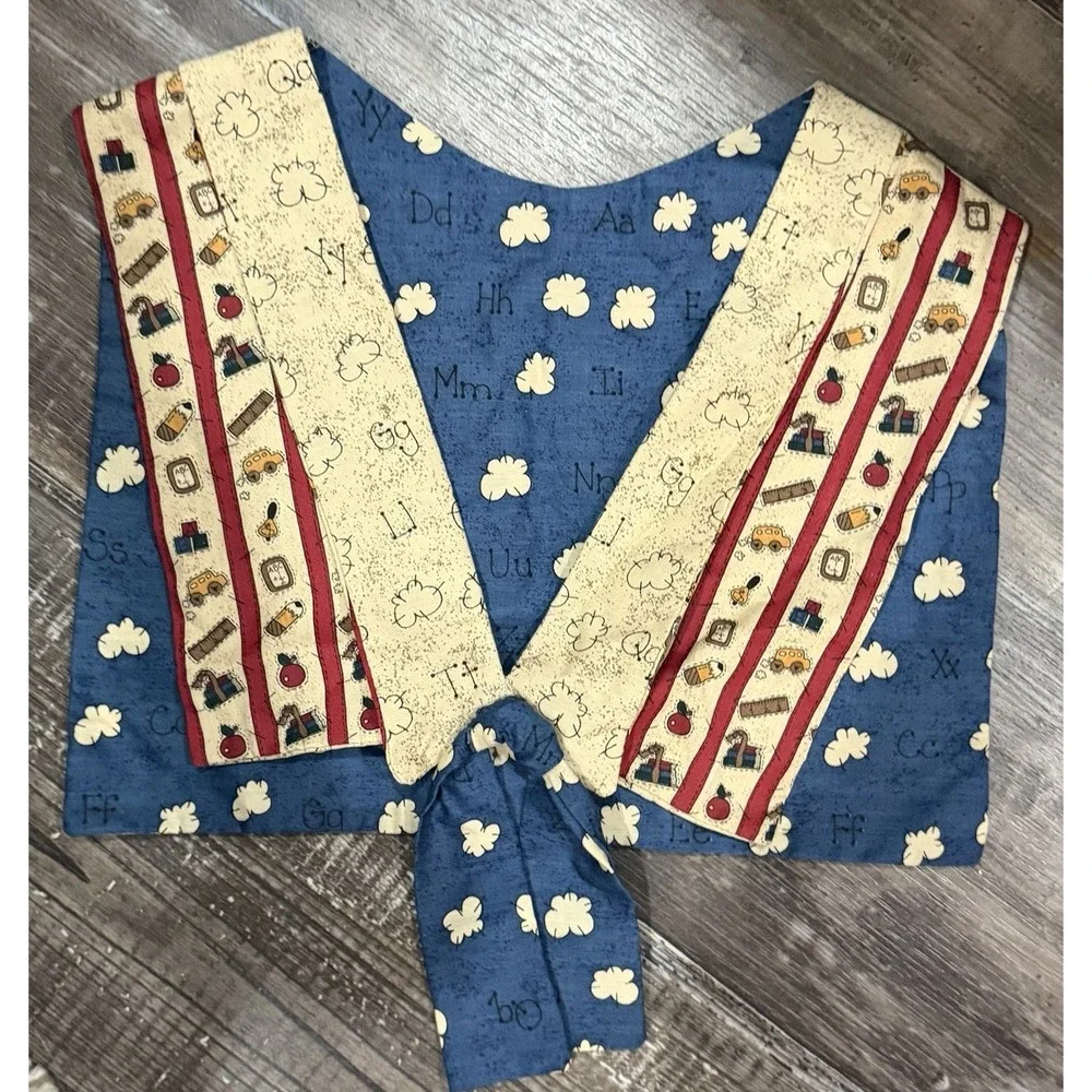 Handmade Teacher Schoolhouse Print Vest Apron Tie Front Reversible Blue Beige